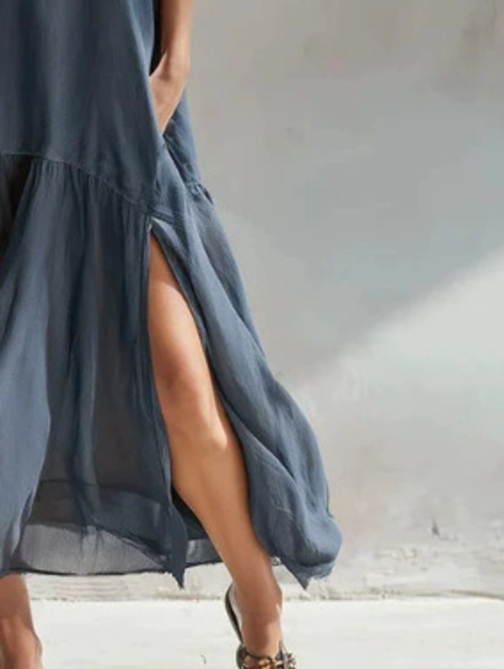 Womens Urban Fashion Grey Blue Cotton Chiffon Dress